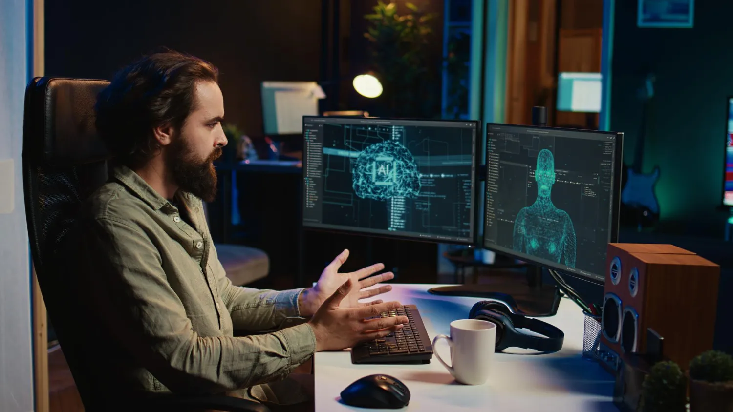 IA sensible adquiere forma humanoide dentro de computadora saludando con la mano al creador